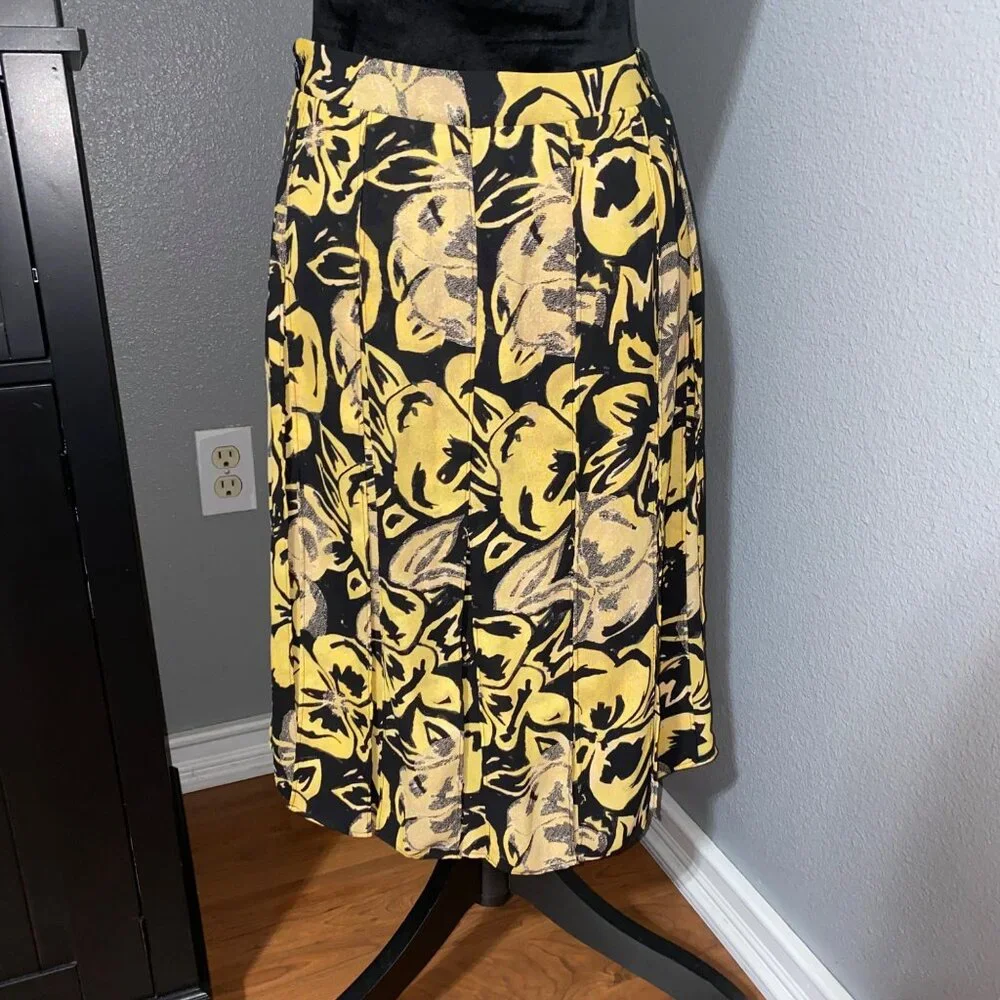 Who What Wear Womens Size 8 Yellow Black Floral Midi Skirt Tie Belt High Waist - Picture 6 of 8